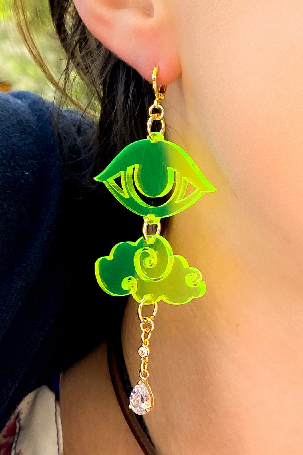 Large Eye Cloud CZ Earrings - Neon Green