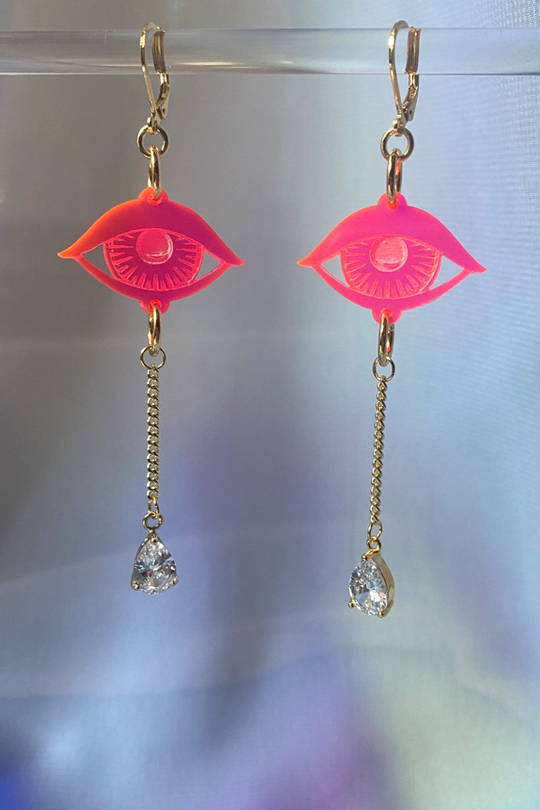 Small Eye CZ Tear Earrings - Neon Pink
