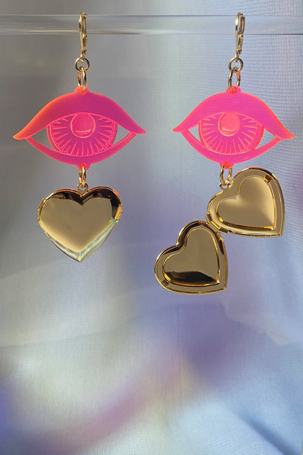 Eye Locket Earrings - Neon Pink